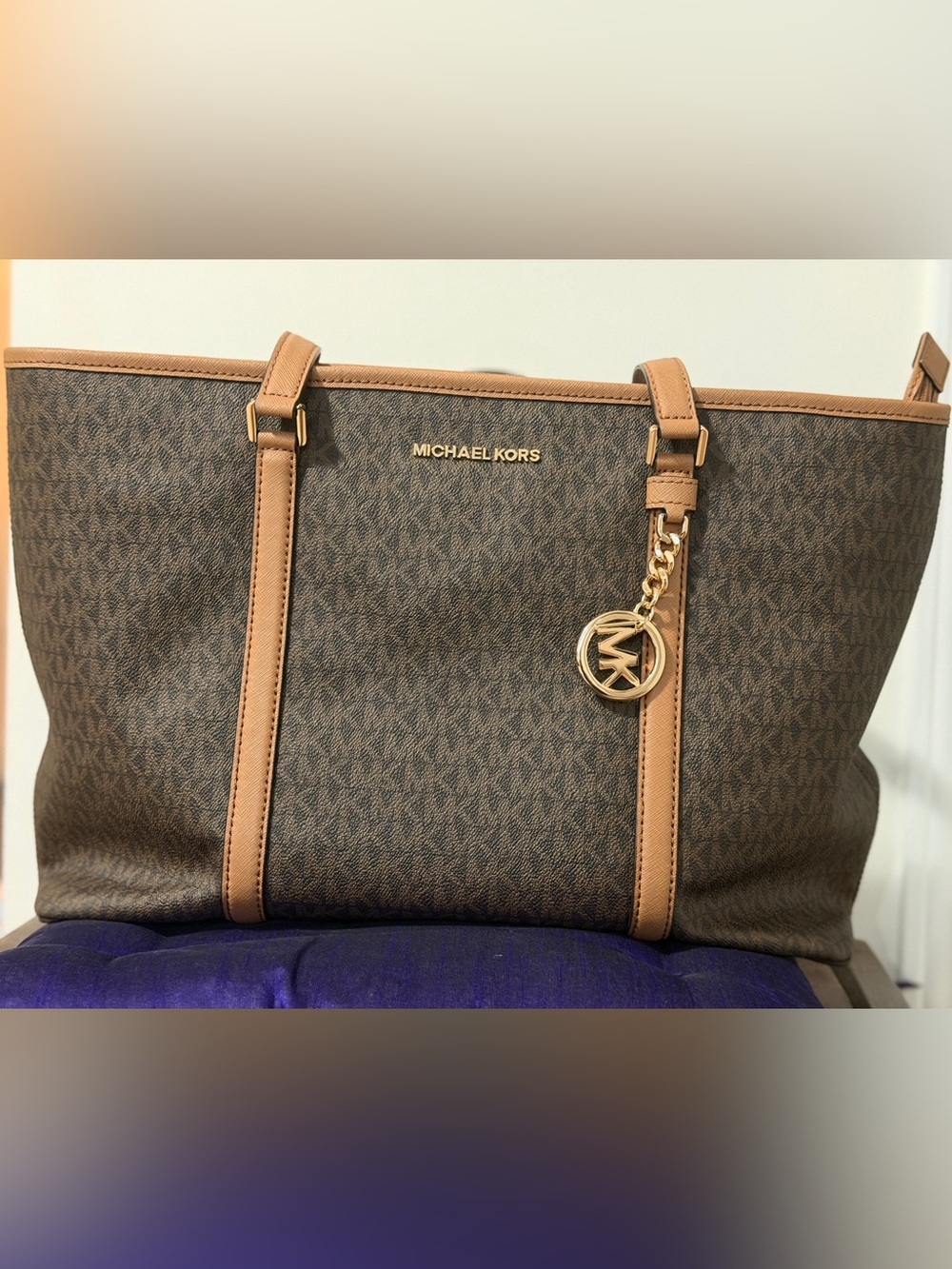 Michael Kors Brown & Tan Monogram Tote with Gold Charm - Large